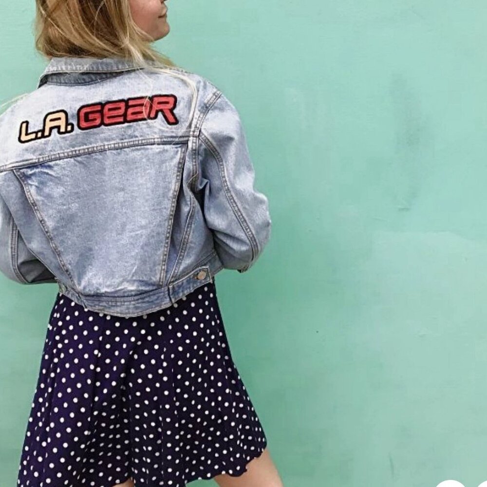 L A Gear Denim Crop Jacket Sz M Y2K Collab/ Forever 21 80’s 90’s Style Patches